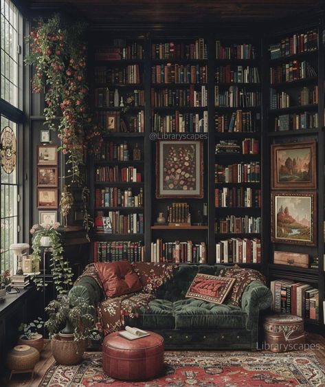 Dark Academia Small Apartment, Home Library Dark Academia, Dark Academia Reading Nook, Colleen Core, Living Room Dark Academia, Living Room Inspiration Dark, Dark Library Aesthetic, Dark Gray Sofa Living Room, Gray Sofa Living Room Ideas