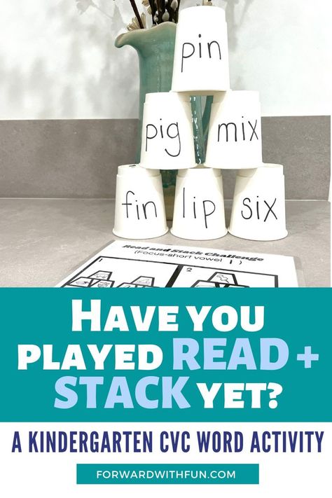 paper cups stacked in a 3, 2, 1 pyramid shape. each cup has cvc word with short vowel i sound Phonics First Grade Activities, Learning Cvc Words, Cvc Decoding Activities, Play Based Kindergarten Centers, Ela Games Kindergarten, Hands On Cvc Word Activities, Short Vowel Review, Kindergarten Sight Word Centers, Cvc Intervention Activities