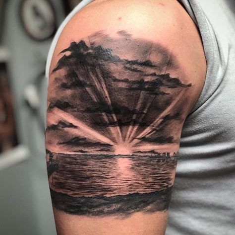 46 and 2 Tattoo on Instagram: “Beautiful start to a lake side sunset made by @libbytattoo #lake #lakeview #laketattoo #scenerytattoo #tattoo #tattoos #tattooart…” Black And Grey Sunset Tattoo, Lake Related Tattoos, Sunset And Beach Tattoo, Tattoo Ideas Landscape, Lake Tattoo Sleeve, Beach Sunset Tattoo Design, Sunrise Beach Tattoo, Lake Tattoo For Women, Sunset Tattoos Men