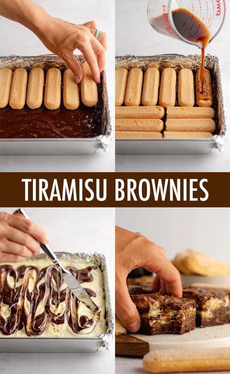 Brownie And Bar Recipes, Dessert With Ladyfingers, Recipes With Ladyfingers, Brownie Flavour Ideas, Tiramisu Bars, Brownie Topping Ideas, Ladyfinger Desserts, Brownie Dessert Recipes, Brownie Tiramisu