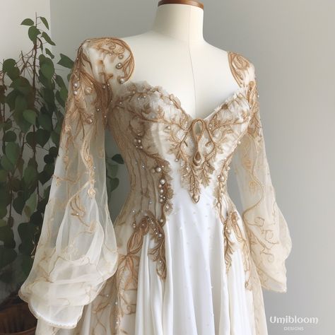 White And Gold Fairy Dress, Elven Queen Wedding Dress, Celtic Wedding Dress Fairy Tales, White And Gold Medieval Dress, White Elven Dress, Whimsical Fairy Dress, White Gold Fantasy Dress, Ethreal Dresses, Fairy Goddess Dress