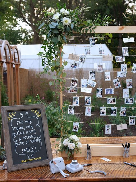 Polaroid Photo Display Wedding, Polaroid Pictures Party Ideas, Polaroid Frame Wedding Diy, Polaroid Hanging Ideas Wedding, Pictures Wedding Display At Reception, Polaroid Stand Wedding, Polaroid Display Wedding, Polaroid Seating Chart Wedding, Wedding Poloroid Pictures