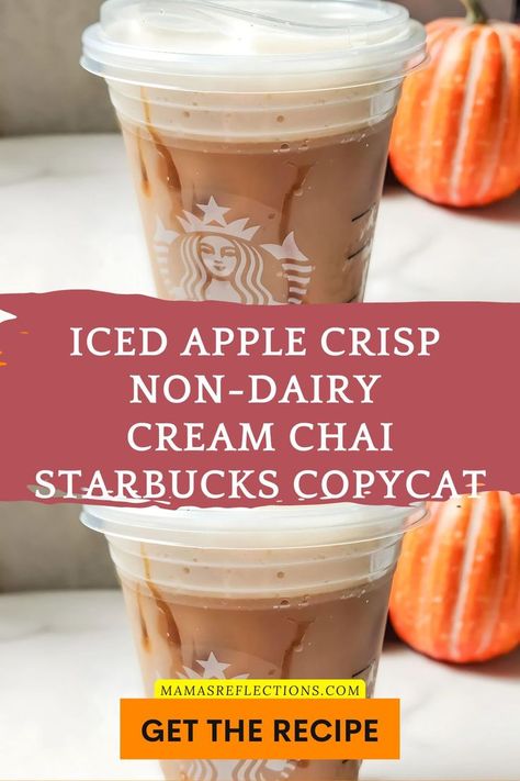 Make this copycat Iced Apple Crisp Chai at home with nondairy cream. All the fall flavors you love, without leaving the house or the dairy! also sharing ideas for Iced Apple Crisp Chai Recipe, Nondairy Apple Crisp Chai, Starbucks Copycat Chai Recipe, Dairy-Free Apple Crisp Chai, Apple Crisp Chai Tea Latte, Homemade Apple Crisp Chai, Starbucks Apple Crisp Copycat, Iced Nondairy Chai Drink, Easy Apple Crisp Chai Recipe, Apple Crisp Chai Tea Chai Starbucks, Dairy Free Apple Crisp, Easy Homemade Snacks, Homemade Apple Crisp, Pumpkin Cream Cold Brew, Recipe Copycat, Banana Muffins Easy, Cream Cold Brew, Pumpkin Bread Easy