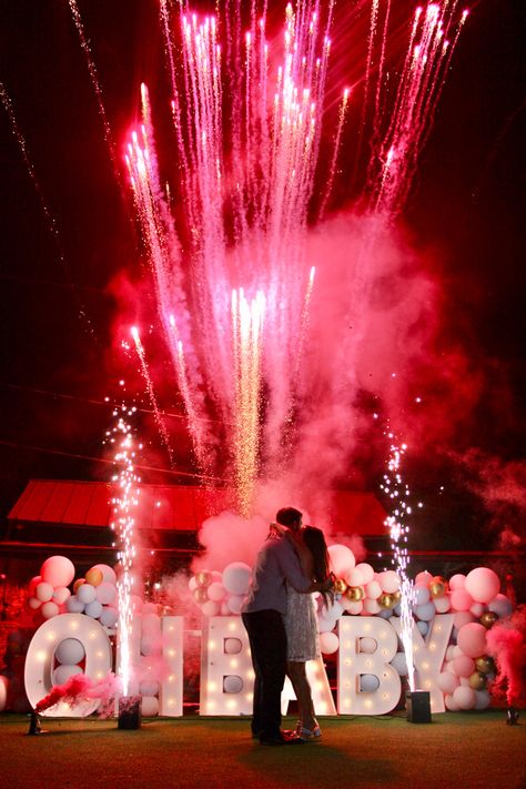 Gender reveal Night Time Gender Reveal, Gender Reveal Theme For Twins, New Years Eve Gender Reveal Ideas, Gender Reveal Suprise Ideas, Beautiful Gender Reveal, Gender Reveal With Lights, Night Gender Reveal Ideas, Extravagant Gender Reveal Ideas, Backyard Gender Reveal Party Ideas