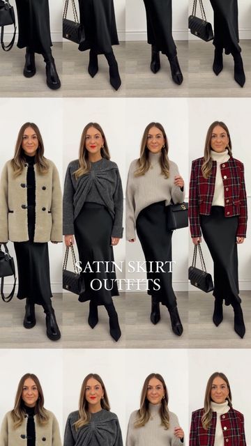 Stacie Elsmore on Instagram: "Satin skirt styling, part 2. 🖤 Which look is your favourite? I wanted to include some outfits that would be good for over the festive period & Christmas Day, whether you want to be dressy or just the smarter side of casual 🥰 You can shop all of my outfits on my Shop.ltk- the link is in my bio ✨" Christmas Party Outfits Satin Skirt, Christmas Satin Skirt Outfit, Satin Skirt Outfit With Boots, Silk Skirt Christmas Outfit, Satin Skirt Christmas Outfit, Black Satin Skirt Outfit Party, Black Satin Skirt Outfit Winter, Black Satin Midi Skirt Outfit, Skirt And Jumper Outfit