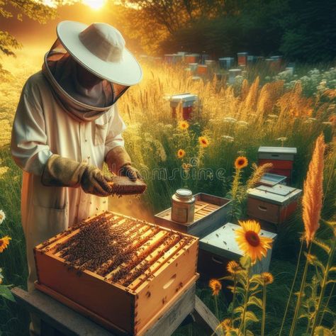 Beekeeper tending to bees amidst sunflowers, with hives in a golden-lit field. royalty free stock photo Beekeeping Aesthetic, Bee Farming, Bee Farm, Bee Keeper, No Game No Life, Golden Lights, Bee Keeping, Ecosystem, Sunflower