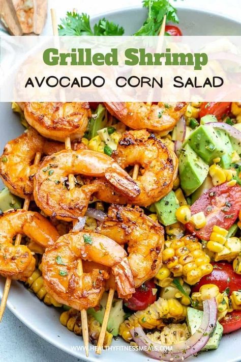 Grilled Shrimp Dishes, Healthy Shrimp Dishes, Healthy Grilled Shrimp Recipes, Grilled Shrimp Salad Recipes, Antinflammatory Recipes, Avocado Corn Salad, Grilled Shrimp Salad, Shrimp And Avocado, Grilled Shrimp Skewers