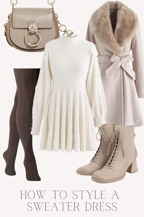 Sweater Dress Casual Outfit, Posh Autumn Outfits, Cream Colored Sweater Dress, White Sweater Dresses, Cream Knit Dress Outfit Winter, Beige Christmas Outfits, Off White Sweater Dress Outfit, Outfits With Cream Sweater, Winter Races Outfit