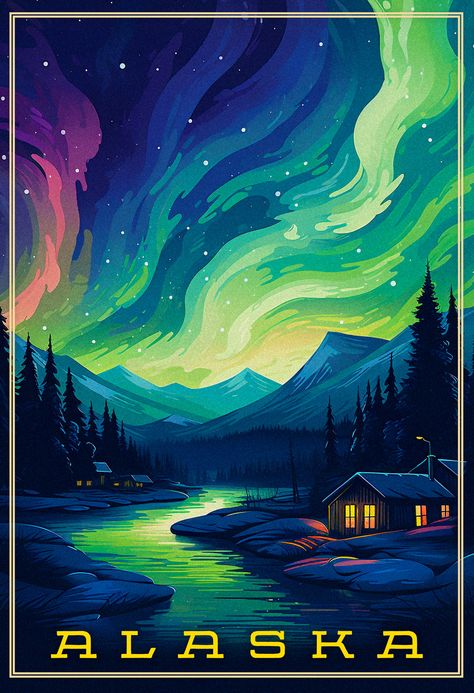 Experience the enchanting allure of the Alaskan wilderness like never before with this northern lights artwork. Witness the majestic northern lights illuminating the dark Alaskan skies, casting a kaleidoscope of vibrant colors over the mountains. Northern Lights Linocut, Northern Lights Colored Pencil, Northern Lights Mountains, Gouache Northern Lights, Northern Lights Pixel Art, Mountain Northern Lights Tattoo, Northern Lights Poster, Northern Light Illustration, Alaska Painting Acrylic