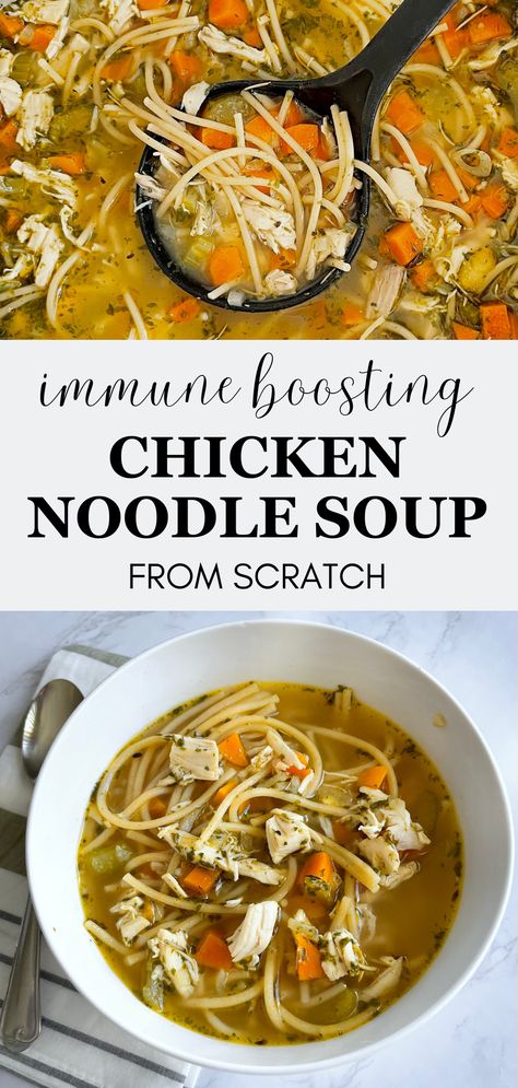 Tons of flavor and full of nutritious, healing bone broth, veggies, and whole wheat noodles. The chicken noodle soup your body actually needs while you’re sick. Sick Chicken Noodle Soup, Crockpot Soup For Sickness, Noodle Soup For Sickness, Chicken Noodle Soup For Sickness, Chicken Noodle Soup Freezer Meal, Chicken Noodle Soup Freezer, Low Sodium Chicken Noodle Soup, Healing Chicken Noodle Soup, Bone Broth Chicken Noodle Soup