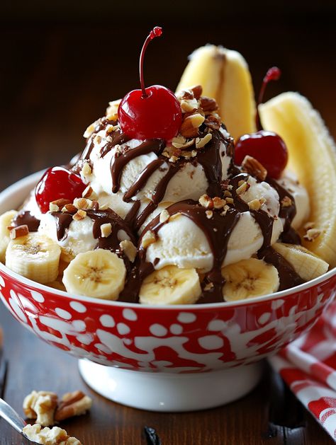 Banana Split Sundae, Banana Splits Sundae, Pineapple Tidbits, Ice Cream Vanilla, Chinese Chicken Salad Recipe, Chocolate And Strawberry, Chinese Chicken Salad, Maraschino Cherries, Ice Cream Scoops