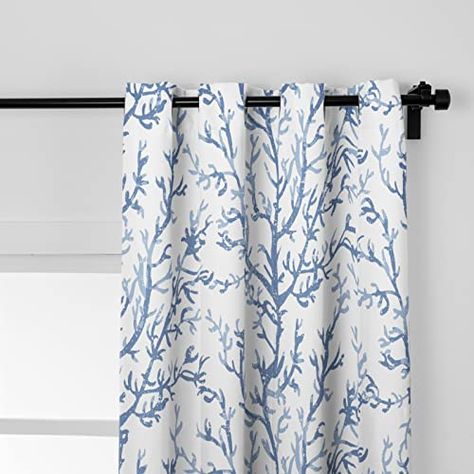 Bedroom Navy Blue, Coral Curtains, Bedroom Navy, Nautical Curtains, Villa Living Room, Coastal Curtains, Ocean Coral, Coastal Bathrooms, Bedroom Panel