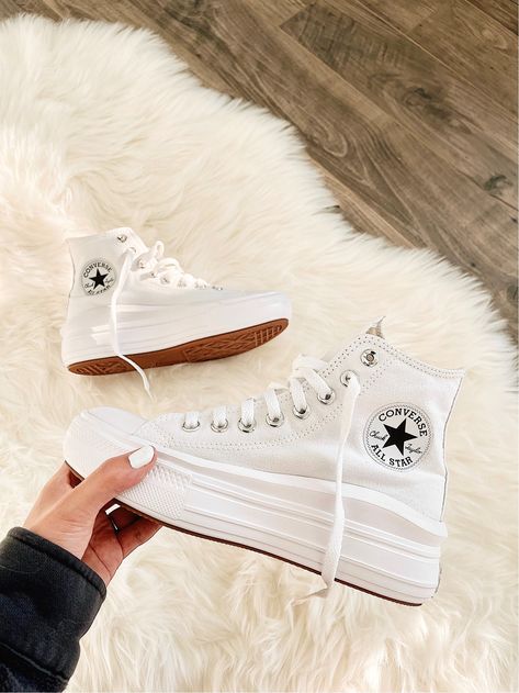 White Platform High Top Converse Chuck Taylors | ByMollyLove White Platform Converse Wedding, White Converse Platform High Tops, Womens Platform Converse, White Converse Outfit High Top Platform, Cute High Tops, All White Platform Converse, White High Converse, White High Tops Outfit, Converse High Tops Platform