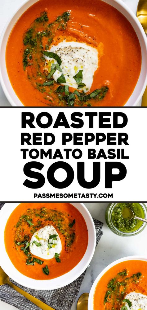 Roasted Red Pepper Tomato Basil Soup - Roasted red bell peppers, tomatoes, onions, and garlic are the foundation of this simple and incredibly tasty soup. This soup is full of flavor and so easy to make requiring only 30 minutes from start to finish! A perfect side with sandwiches, salads, and more! Tomato Red Pepper Soup, Bell Pepper Soup, Tomato Basil Soup Recipe, Roasted Tomato Basil Soup, Roasted Red Pepper Soup, Red Pepper Soup, Garlic Soup, Roasted Tomato Soup, Basil Soup