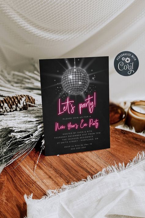 Neon Disco Invitation, Disco Glam Party Invitation, Disco Ball Invitation Template, Save The Date Disco Party, Disco Party Sign, Neon Invitation Design, Disco Party Invites Invitation Templates, Disco Theme Party Invitations, Disco Ball Party Invitation