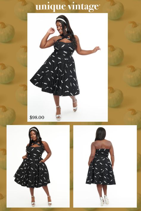 The Rita flare dress is a glamorous rockabilly go-to! This striking plus size frock is crafted in a black bengaline stretch fabric that dances with silver bats throughout. Outfitted with a criss cross halter neckline, side pockets, and a back zipper!.Available in sizes XS-5X while supplies last. | Unique Vintage Plus Size 1950S Black & Silver Bats Criss Cross Halter Rita Flare Dress | Size 1X/16 Vintage Plus Size, Halter Neckline, Retro Dress, Flare Dress, Unique Vintage, Criss Cross, Black Silver, Stretch Fabric, Plus Size