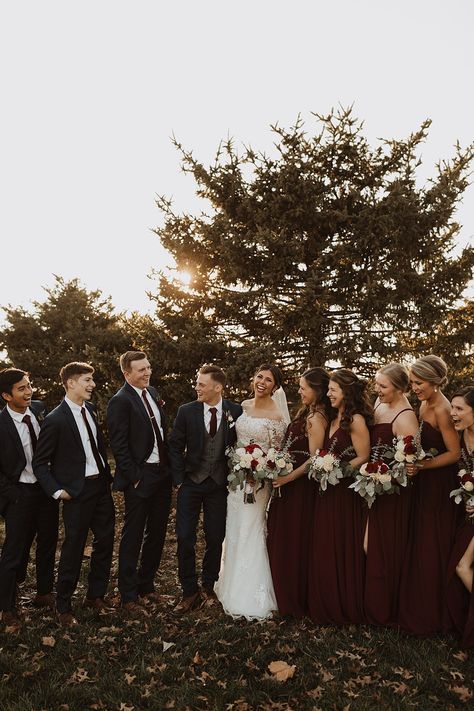 Burgundy And Neutrals Wedding, Cranberry Wedding Colors Winter, Wine Red Bridal Party, Dark Wine Bridesmaid Dress, Mulberry Winter Wedding, Burgundy Wedding Bridal Party, Maroon Wedding Theme Groomsmen, Maroon And Ivory Wedding, Dark Red Bridal Party