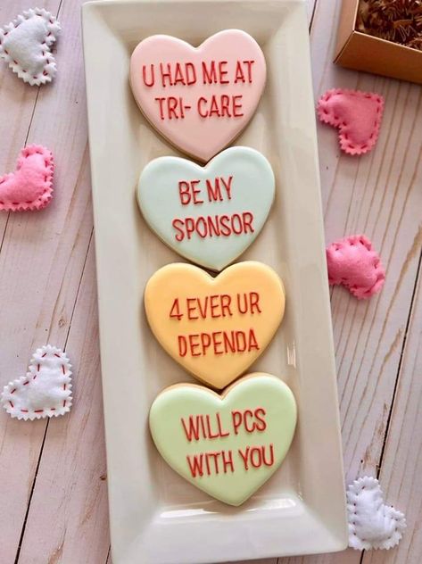 Funny military themed valentine cookies, candy heart styled Funny Valentines Cookies, Funny Military, Heart Sugar Cookie, Valentines Cookies, Bento Cakes, Cookie Business, Valentine Cake, Valentines Day Cookies, Funny Valentines