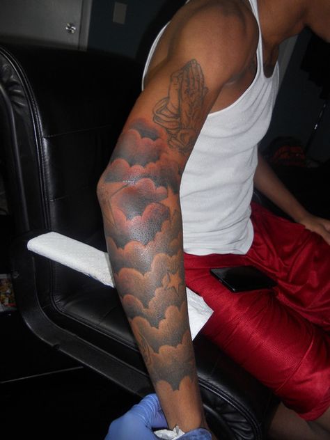 Forearm Sleeve Clouds, Shaded Arm Sleeve Tattoo, Cloud Tattoo With Stars, Clouds And Roses Tattoo, Arm Cloud Tattoo Men, Cloud Arm Sleeve Tattoo, Forearm Tattoo Men Sleeve Clouds And Stars, Cloud Sleeve Tattoo Men, Red Clouds Tattoo