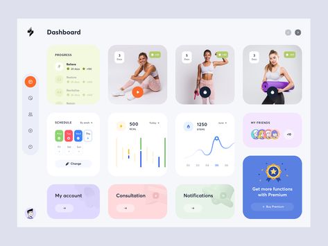 Fitness Tracking Dashboard by Yev Ledenov for Ledo on Dribbble Fitness Dashboard, Fitness Tracker App, Fitness Tracking, Health And Fitness Apps, App Interface Design, Website Design Layout, App Interface, Health App, Dashboard Design