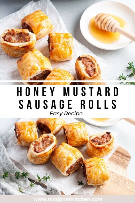 Pork Sausage Meatballs, Sausage Rolls Puff Pastry, Chicken Sausage Rolls, Cottagecore Recipes, Catering Platters, Homemade Sausage Rolls, Sausage Rolls Recipe, Homemade Honey Mustard, Mustard Dipping Sauce