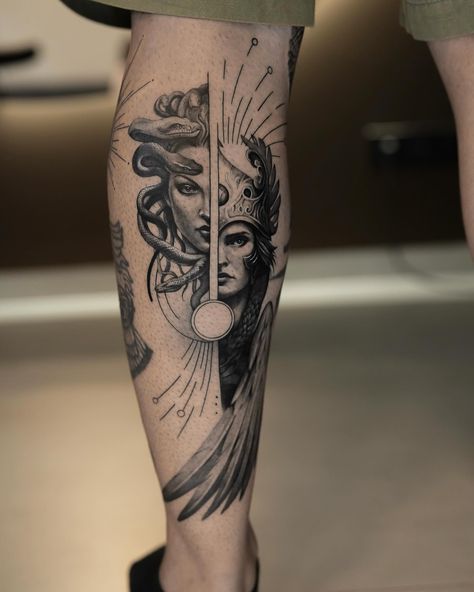 Medusa and Athena: ancient gods come alive in our art #praguetattoo #concepttattoo #realistictattoo #tattooist #medusatattoo #blacktattoo Greek Tattoos Leg Sleeve, Zeus And Athena Tattoo, Back Tattoo Women Greek Mythology, Greek Goddess Athena Tattoo, Medusa Athena Tattoo, Athena And Medusa Tattoo, Athena Medusa Tattoo, Greek And Roman Tattoos, Athena Tattoo Goddess Sleeve