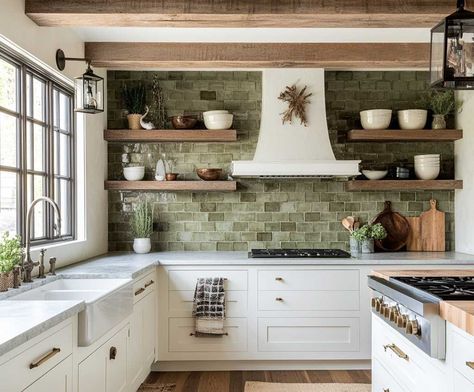 11+ Calming Backsplash Ideas for White Cabinets with Green Hues • 333+ Inspiring Lifestyle Ideas White Cabinets With Colored Backsplash, White Cabinets With Green Backsplash, White And Green Backsplash, Green Backsplash White Cabinets, Green Backsplash Kitchen White Cabinets, White Cabinets Green Backsplash, Green Kitchen Walls White Cabinets, Kitchen With Green Backsplash, Green Backsplash Kitchen