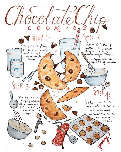 Blair Ainsley on Instagram: “Highlighting our best-selling recipe print of all time: The Chocolate Chip Cookie 🍪 • It’s the little waterfall of chips into the mixing…” Chocolate Lovers Gift Basket, Bakery Painting, Bakery Poster, Cookie Drawing, Cookies Bakery, Watercolor Cookies, Homemade Recipe Books, Chocolate Lovers Gift, Recipe Book Design