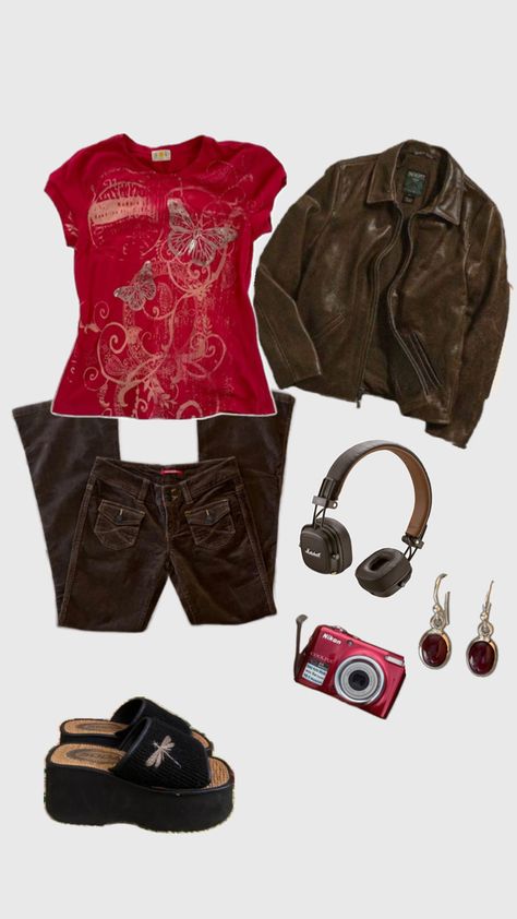 brown and red outfit inspo !! Brown And Maroon Outfit, Brown And Red Outfit, Red And Brown Outfit, Brown Y2k Outfit, Brown Pants Outfit, Maroon Outfit, Brown Y2k, Y2k Fits, Concert Fit