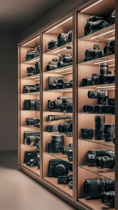 📷 Elevate your workspace with a photography gear cabinet featuring integrated lighting. This innovative design not only offers outstanding camera equipment storage but also enhances camera gear visibility and organization. #PhotographyGearCabinet #CameraEquipmentStorage #CameraGearOrganization Camera Gear Shelves, Photography Equipment Organization, Camera Storage Organizing, Photo Studio Storage, Camera Room Decor, Influencer Equipment, Photographer Organization, Camera Equipment Storage, Photography Equipment Storage