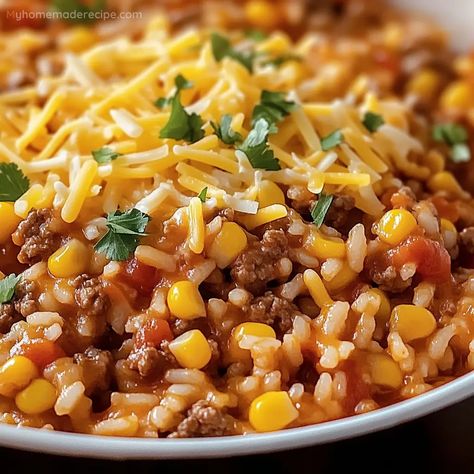 One Pot Mexican Rice Casserole Recipe - My Home Made Recipe One Pot Mexican Rice Casserole, Southwestern Rice, One Pot Mexican Rice, One Pot Mexican, Mexican Rice Casserole, Ground Beef Rice, Beef Rice, Hot Salsa, Mexican Casserole