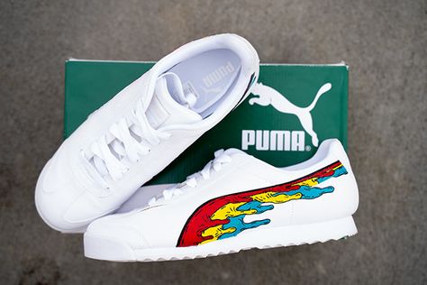 Painted Puma Shoes, Puma Collection, Puma Sneakers Men, Custom Sneakers Diy, Diy Sneakers, Custom Kicks, Embellished Denim, Puma Suede, Puma Sneakers