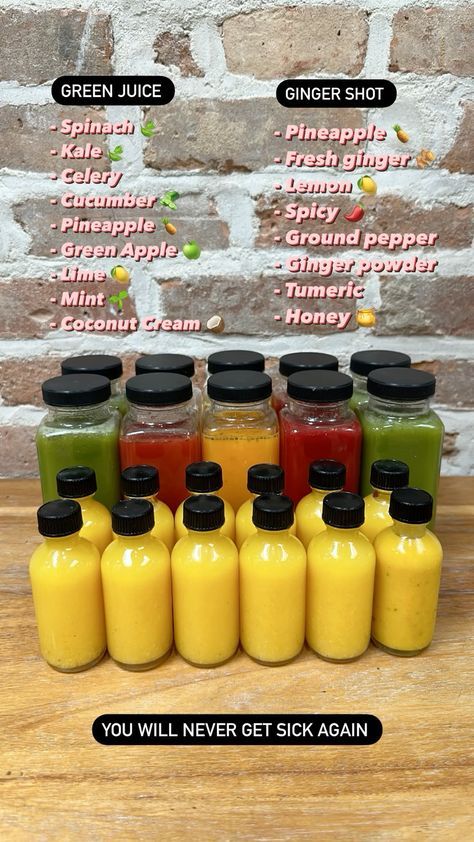 Juicing For Detoxing, Vision Board Juicing, Meal Prep Juice, Juice Ideas Healthy, Healthy Shots Detox Health, Juicing Shot Recipes, Green Juice Shots, Homemade Ginger Shots, Immunity Juice Recipes