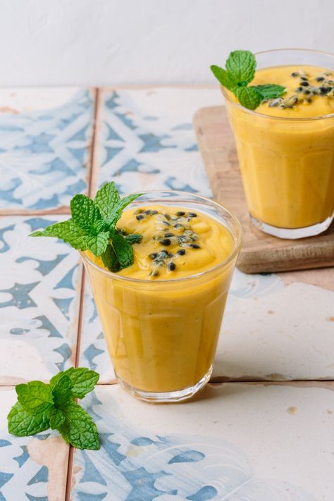 Passion fruit mango and mint lassi - Beyond Sweet and Savory Passionfruit Recipes, Fruit Mango, Fruit Yogurt, Fruit Seeds, Yogurt Recipes, Sweet And Savory, Fruit Recipes, Puddings, Passion Fruit