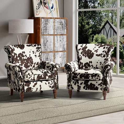 Designed to be a shining focal point wherever it settled, you can rely entirely on this charming accent armchair set. Classic arms, retro nailhead trims, built-in pocket spring, and unique patterns meet your demands, bringing you endless reverie. Beautifully carved solid wood legs support the manufactured wood frame, the seat cushion filled with a blend of silk wadding and foam is wrapped in soft fabric with a unique pattern. Awash in an attractive finish, it lends a touch of classic appeal to y Wingback Accent Chair, Cowhide Chair, Accent Chair Set, Fashion Elements, Inspire Me Home Decor, Accent Arm Chairs, Wood Sofa, Lounge Seating, Upholstered Arm Chair