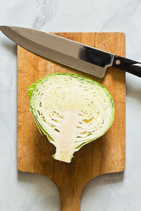 How To Cut Cabbage - Homemade In The Kitchen How To Chop Cabbage, Rootbeer Recipe, Homemade Rootbeer Recipe, Homemade Cheese Its, How To Cut Cabbage, Cheese Its, Homemade Rootbeer, Cabbage Casserole Recipes, Culinary Tips