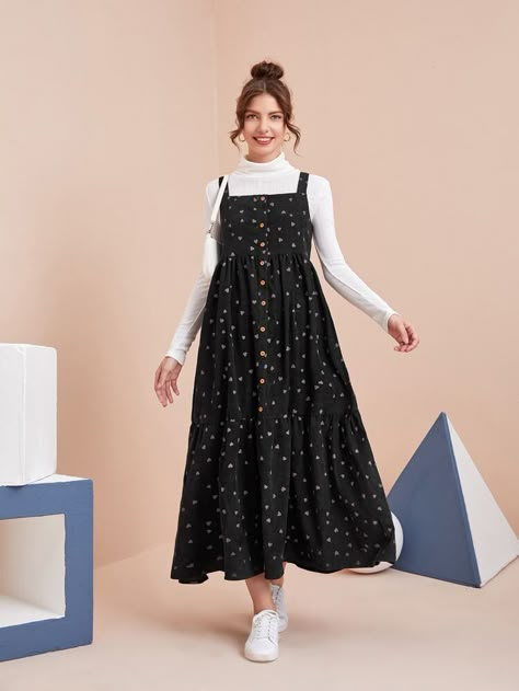 Free Returns ✓ Free Shipping On Orders $49+ ✓. Corduroy Heart Button Front Ruffle Hem Dress Without Tee- Women Dresses at SHEIN. Stylish Short Dresses, Fashion Top Outfits, Modest Dresses Casual, Trendy Dress Outfits, Everyday Fashion Outfits, Simple Pakistani Dresses, Casual Day Outfits, Muslim Fashion Outfits, Quick Outfits