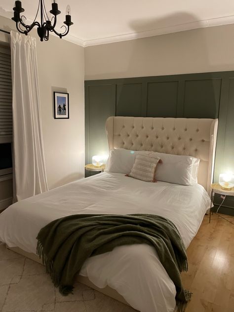 Olive Green Bedroom Panelling, Dark Green Panelling, Half Panelled Walls Bedroom, Bedroom Panelling, Mushroom Bedroom, Cream Bed, Olive Green Bedrooms, Wall Behind Bed, Bathroom Renovation Diy