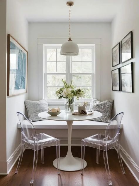 25 Cozy Small Breakfast Nook Ideas to Inspire Your Space Small Kitchen Booth Ideas, Modern Cottage Breakfast Nook, Small Kitchen Eating Nook, Small Banquette Table, Kitchen Corner Table With Bench, Bar Breakfast Nook, Simple Breakfast Nook Ideas, Small Breakfast Nook In Kitchen, Tiny Eat In Kitchen Ideas