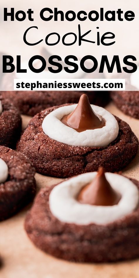 These fudgy hot chocolate cookie blossoms are perfect for the holidays. They are topped with a melty marshmallow and Hershey's Hot Cocoa Chocolate. Easy Unique Cookie Recipes, Hersheys Hot Chocolate, Oreo Christmas Cookies, Cookie Blossoms, Top Christmas Cookies, Christmas Dessert Tray, Hot Chocolate Cookie Recipes, Hot Chocolate Cookie, Hot Chocolate Desserts