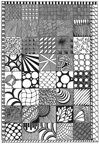 This pattern grid would make a great project as a precursor to a design project that included patterns. It's also a great way to "collect" patterns they see round them; maybe a journal idea. Invented Texture, Modele Zentangle, Zentangle Kunst, Arte Doodle, Texture Drawing, Tangle Doodle, Zentangle Designs, Tangle Art, Tangle Patterns