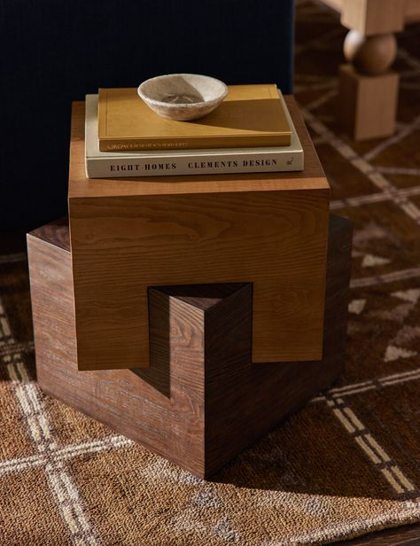 Our Brayden side table offers more than surface space; it brings a sculptural statement to the room. Two interlocking blocks of wood are stacked at an angular offset in dual finishes to accentuate the unique joinery and artful silhouette. This wood end table is the perfect way to add natural grain texture to a modern edit. Unique End Tables Bedroom, Unique Wooden Side Table, Sectional Side Table, Square Wood Side Table, Two Tone Side Table, Funky Side Tables, Cool Side Tables, End Tables Modern, Unique Bedside Table