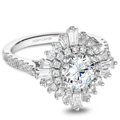 You can't go wrong with this vintage-inspired cluster ring. It's so unique, yet calls back to the art deco period. Engagement Rings With Baguettes, Rings With Baguettes, Shared Prong Engagement Ring, Noam Carver, Round Halo Engagement Rings, Jewelry Appraisal, Pave Band, White Gold Engagement Ring, Diamond Engagement Ring Set