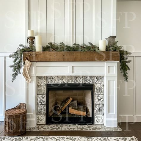 White Distressed Mantle, French Fireplace Decor, Builder Grade Fireplace Makeover, Reno Fireplace, Fireplace Mantle Makeover, Paint Brick Fireplace White, Painted Wood Fireplace, Modern Farmhouse Fireplace Mantel, Colonial Fireplace