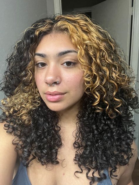 Platinum Highlights Curly Hair, Short Curly Hair Color Ideas Highlights, Blonde Streaks Curly Hair, Short Curly Dyed Hair, Curly Hair Peekaboo Color, Skunk Hair Curly, Skunk Stripe Curly Hair, Curly Dyed Hair Natural Curls, Hair Streaks Blonde