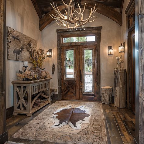 13 Rustic Entryways That Define First Impressions - DreamyHomeStyle Rustic Cabin Entryway, Ranch Foyer Entryway, Cabin Entryway Ideas, Remodling Homes, Cabin Foyer, Ranch Glam, Western Entryway, Cabin Entryway, Southwest Living Room