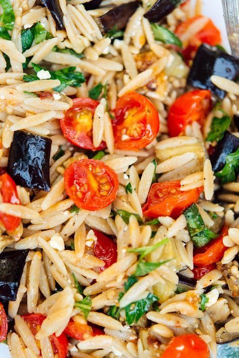 Eggplant Orzo, Pasta Eggplant, Tomato Orzo, Light Pasta Dishes, Orzo Pasta Recipes, Light Pasta, Orzo Pasta Salad, Roasted Eggplant, Feta Pasta