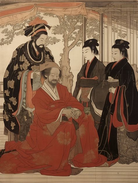 Emperor depicted in Japanese woodprint style, traditional Japanese art, detailed print, eastern art. Inspired by Kitagawa Utamaro. AI-generated Japanese Woodprints, Kitagawa Utamaro, Japanese Emperor, Traditional Japanese Art, Eastern Art, Old Art, Traditional Japanese, Japanese Traditional, Japanese Art