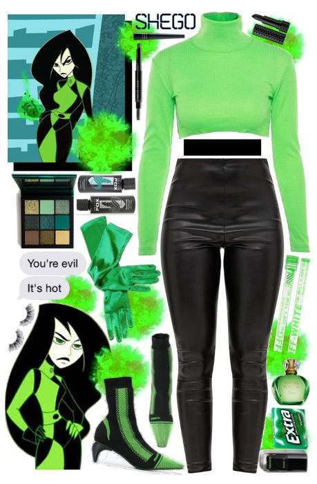 She Go And Kim Possible Costume Idea, Shego Outfit Ideas, Héros And Villians Costume, She Go Halloween Costume, Shego Halloween Costume Diy, Easy Cool Halloween Costumes, Cartoon Costumes For Women, Diy Shego Costume, Shego And Kim Possible Costume