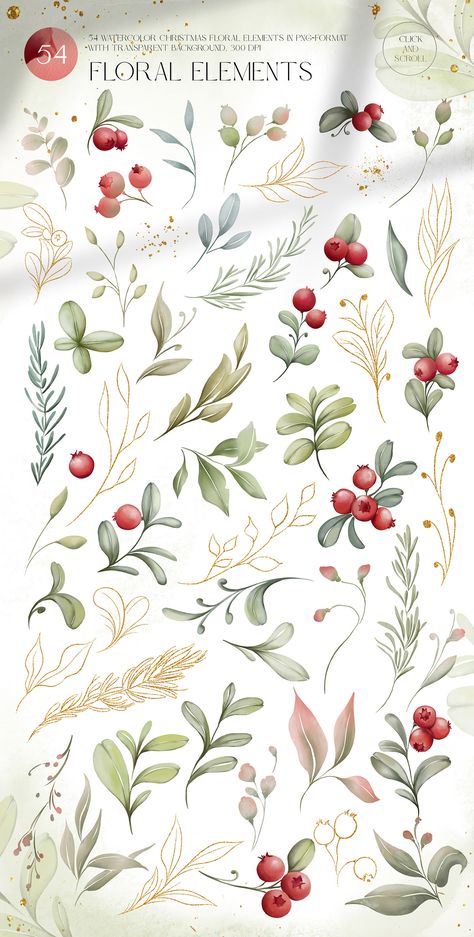 Botanical Christmas Illustration, Christmas Floral Wallpaper, Watercolor Leaves Pattern, Christmas Watercolor Background, Christmas Floral Painting, Christmas Floral Pattern, Cranberry Illustration, Watercolor Graphic Design, Mug Noel